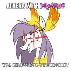 Size: 1200x1200 | Tagged: safe, artist:velgarn, derpibooru import, oc, oc:athena (shawn keller), pegasus, pony, caption, female, glowing eyes, guardians of pondonia, i am growing stronger, image macro, jewelry, mare, meme, regalia, simple background, solo, text, white background