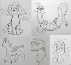 Size: 1280x1162 | Tagged: safe, artist:verikoira, derpibooru import, discord, fluttershy, pinkie pie, oc, oc:monochrome heart, draconequus, earth pony, pegasus, pony, female, floating heart, heart, male, mare, monochrome, pencil drawing, starry eyes, tongue, tongue out, traditional art, wingding eyes