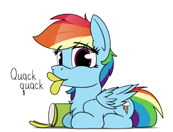 Size: 6300x4800 | Tagged: safe, artist:dacaoo, derpibooru import, rainbow dash, pegasus, pony, absurd resolution, behaving like a duck, chest fluff, chips, duck bill, female, food, lying down, mare, mouth hold, ponyloaf, potato chips, pringles, prone, quack, simple background, solo, transparent background