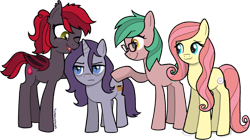 Size: 1300x727 | Tagged: safe, artist:catachromatic, derpibooru exclusive, derpibooru import, oc, oc:jubilant, oc:ruby seed, oc:smooth cream, bat pony, earth pony, pony, unicorn, annoyed, bags under eyes, bat pony oc, earth pony oc, fangs, freckles, full body, glasses, group, group shot, grumpy, horn, not fluttershy, short, unicorn oc, unnamed oc, watermark