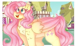 Size: 1390x834 | Tagged: safe, artist:jesterfestivle, derpibooru import, fluttershy, pegasus, pony, blushing, chest fluff, colored wings, colored wingtips, cute, eye clipping through hair, female, mare, ponyville, shyabetes, solo