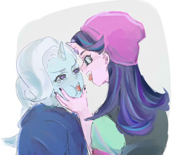 Size: 1024x900 | Tagged: safe, artist:misochikin, derpibooru import, starlight glimmer, trixie, human, equestria girls, beanie, cheek squish, female, hand on face, hat, horn, horned humanization, humanized, looking at each other, open mouth, squishy cheeks, teary eyes