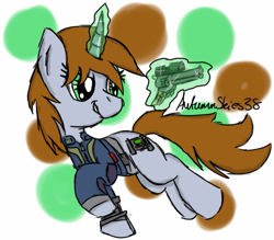 Size: 747x655 | Tagged: safe, artist:pegasski, derpibooru import, oc, oc only, oc:littlepip, pony, unicorn, fallout equestria, abstract background, clothes, glowing horn, horn, magic, solo, telekinesis, vault suit