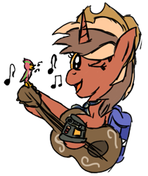 Size: 433x516 | Tagged: safe, artist:pegasski, derpibooru import, oc, oc only, pony, unicorn, backpack, bust, guitar, hat, horn, musical instrument, one eye closed, simple background, solo, transparent background, unicorn oc, wink