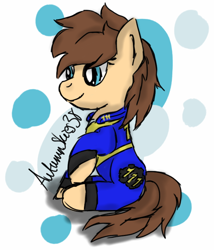 Size: 612x716 | Tagged: safe, artist:pegasski, derpibooru import, oc, oc only, earth pony, pony, fallout equestria, abstract background, clothes, earth pony oc, eyelashes, sitting, smiling, solo, vault suit