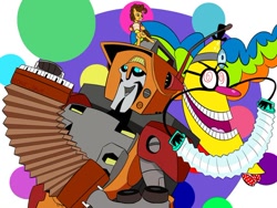 Size: 564x423 | Tagged: artist needed, safe, derpibooru import, cheese sandwich, earth pony, pony, robot, accordion, crossover, dr screwball jones, male, musical instrument, stallion, transformers, van dyke, voice actor joke, voice actor reference, wander over yonder, weird al yankovic, wreck-gar