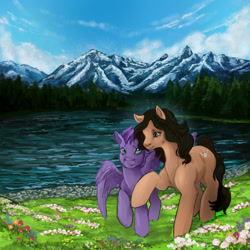 Size: 1200x1200 | Tagged: safe, artist:saint-juniper, derpibooru import, oc, oc only, earth pony, pegasus, pony, duo, earth pony oc, flower, lake, mountain, pegasus oc, scenery