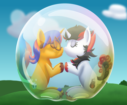 Size: 2366x1949 | Tagged: safe, artist:bladedragoon7575, derpibooru import, oc, oc only, oc:eden double stars, oc:zendra flame, pony, unicorn, bubble, cute, duo, eyes closed, female, floating, glasses, high res, implied kissing, in bubble, male, mare, ocbetes, stallion, straight