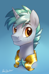 Size: 2000x3000 | Tagged: safe, artist:jedayskayvoker, derpibooru import, oc, oc:onyx warden, pony, unicorn, armor, bust, eyebrows, eyebrows visible through hair, freckles, gradient background, guard, icon, male, portrait, royal guard, royal guard armor, solo