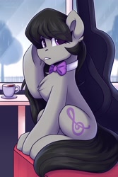 Size: 1400x2100 | Tagged: safe, artist:shadowreindeer, derpibooru import, octavia melody, earth pony, pony, backwards cutie mark, bowtie, chest fluff, coffee, looking at you, rain, sitting, solo, underhoof, window