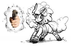 Size: 1203x806 | Tagged: safe, artist:replica, derpibooru import, oc, oc:not food, pony, unicorn, aiming, clothes, digital art, female, glowing horn, gun, hand, handgun, hooves, horn, looking at you, magic, mare, monochrome, solo, tail, weapon