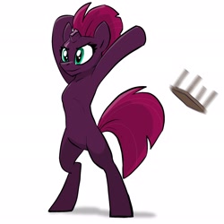 Size: 2048x2048 | Tagged: safe, artist:pfeffaroo, derpibooru import, tempest shadow, pony, unicorn, my little pony: the movie, bipedal, broken horn, female, horn, simple background, solo, table, table flip, white background