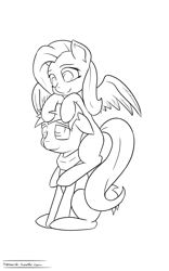 Size: 1200x1920 | Tagged: safe, artist:tenart, derpibooru import, big macintosh, fluttershy, earth pony, pegasus, pony, black and white, ears, female, floppy ears, fluttermac, grayscale, lineart, male, mare, missing cutie mark, monochrome, pony hat, shipping, simple background, stallion, straight, white background