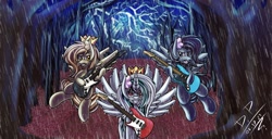 Size: 2500x1280 | Tagged: safe, artist:draconightmarenight, artist:proyects_s, derpibooru import, oc, oc:blackened blue, oc:prince slayer, oc:prince whateverer, cover, dark forest, guitar, metal, musical instrument, rain, rock, thunderstorm