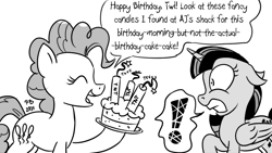Size: 1200x675 | Tagged: safe, artist:pony-berserker, derpibooru import, pinkie pie, twilight sparkle, twilight sparkle (alicorn), alicorn, earth pony, pony, pony-berserker's twitter sketches, birthday, birthday cake, cake, dialogue, dynamite, explosives, eyes closed, female, food, happy, mare, monochrome, simple background, speech bubble, stippling, terrified, this will end in death, this will end in explosions, this will end in pain, this will end in tears, this will end in tears and/or death, this will end with a bang, this will not end well, tnt, white background