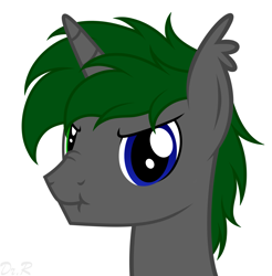 Size: 1535x1557 | Tagged: safe, artist:raymond.doc, derpibooru import, oc, oc:dr.raymond, bat pony, pony, unicorn, bat pony oc, heterochromia, horn, looking at you, male, scrunchy face, simple background, solo, stallion