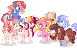 Size: 1137x703 | Tagged: safe, artist:skylerdream07, derpibooru import, luster dawn, oc, oc:apple biscuit, oc:astral star, oc:chocolate pie, oc:rainbow wind, oc:royal crown, oc:sweet cake, alicorn, earth pony, pegasus, pony, unicorn, the last problem, alicorn oc, base used, coat markings, colored pupils, colored wings, colored wingtips, earth pony oc, eye clipping through hair, female, hair over one eye, hair ribbon, half-siblings, heart eyes, horn, magical lesbian spawn, mare, multicolored wings, next generation, offspring, parent:applejack, parent:big macintosh, parent:caramel, parent:cheese sandwich, parent:fancypants, parent:fluttershy, parent:pinkie pie, parent:rainbow dash, parent:rarity, parent:soarin', parent:twilight sparkle, parents:carajack, parents:cheesepie, parents:fluttermac, parents:raripants, parents:soarindash, parents:twidash, pegasus oc, simple background, socks (coat marking), sweatband, transparent background, unicorn oc, wingding eyes, wings