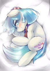 Size: 1430x2048 | Tagged: safe, artist:kurogewapony, derpibooru import, coco pommel, earth pony, pony, bedroom eyes, blushing, curled up, looking at you, lying down, smiling, solo, underhoof