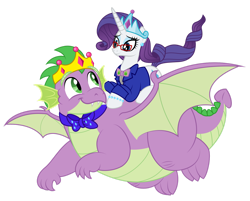 Size: 1600x1288 | Tagged: safe, artist:aleximusprime, derpibooru import, rarity, spike, dragon, pony, unicorn, bowtie, clothes, commission, crown, duo, female, flying, jewelry, male, older, older rarity, older spike, regalia, shipping, simple background, sparity, straight, tiara, transparent background, vector, winged spike