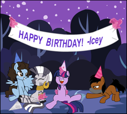 Size: 822x737 | Tagged: safe, artist:darktailsko, derpibooru import, twilight sparkle, twilight sparkle (alicorn), zecora, oc, oc:badgering badger, oc:nazreen, alicorn, earth pony, pegasus, pony, zebra, arm behind back, banner, birthday, birthday gift, blank flank, bondage, bracelet, bush, canon x oc, commission, ear piercing, earring, eyes closed, face mask, feather, female, glowing horn, grin, hat, hoof tickling, horn, jewelry, laughing, levitation, magic, magical bondage, male, mare, mask, neck rings, night, open mouth, party hat, piercing, self bondage, smiling, stallion, straight, telekinesis, tickle torture, tickling, tree