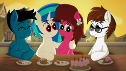 Size: 7680x4320 | Tagged: safe, artist:agkandphotomaker2000, derpibooru import, dj pon-3, vinyl scratch, oc, oc:brain teaser, oc:pony video maker, oc:rose bloom, earth pony, pegasus, pony, unicorn, absurd resolution, afternoon, birthday, birthday cake, brainbloom, cake, candle, canon x oc, double date, eating, female, flower pin, food, glasses, hanging out, hoof on shoulder, lunch, male, oc x oc, plate, ponyville, shipping, straight, sunset, table, videoscratch