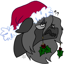 Size: 1234x1208 | Tagged: source needed, safe, artist:flutterbree, derpibooru import, oc, oc only, oc:boogeymare, bust, christmas, confused, ears, floppy ears, hat, holiday, holly, nose wrinkle, question mark, santa hat, simple background, solo, strangefu, wavy mouth, white background