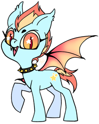 Size: 1067x1334 | Tagged: source needed, safe, artist:flutterbree, derpibooru import, oc, oc only, oc:eyeburner mcgee, bat pony, pony, bat pony oc, beanbrows, collar, eyebrows, fangs, one hoof raised, simple background, solo, spiked collar, starry eyes, white background, wingding eyes