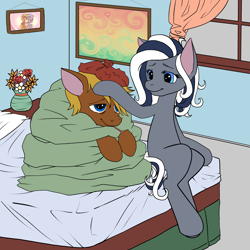 Size: 5000x5000 | Tagged: safe, artist:flutterbree, derpibooru import, oc, oc only, oc:6pony66, oc:flutterbree, earth pony, pegasus, pony, absurd resolution, bedside, blanket, caring for the sick, earth pony oc, female, ice pack, male, mare, pegasus oc, sick, stallion, thermometer