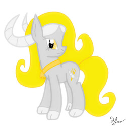 Size: 768x768 | Tagged: safe, artist:mudmee-thai, derpibooru import, oc, oc only, demon, demon pony, female, horns, looking back, simple background, solo, white background