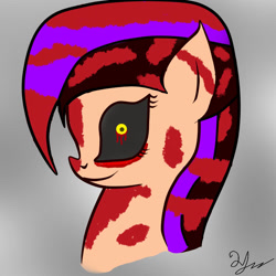 Size: 1000x1000 | Tagged: safe, alternate version, artist:mudmee-thai, derpibooru import, oc, oc only, earth pony, pony, black sclera, bust, earth pony oc, eyelashes, female, gray background, mare, signature, simple background, smiling, solo