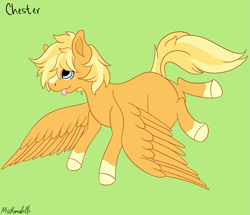 Size: 2641x2270 | Tagged: safe, artist:misskanabelle, derpibooru import, oc, oc only, pegasus, pony, :p, colored hooves, green background, pegasus oc, signature, simple background, solo, tongue, tongue out, wings