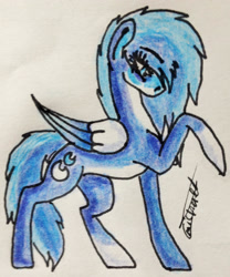 Size: 1785x2150 | Tagged: safe, artist:beamybutt, derpibooru import, oc, oc only, pegasus, pony, eyelashes, pegasus oc, raised hoof, raised leg, signature, solo, traditional art, two toned wings, wings