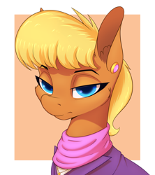 Size: 1600x1800 | Tagged: safe, artist:aquaticvibes, derpibooru import, ms. harshwhinny, earth pony, pony, bust, clothes, ear piercing, female, jacket, looking at you, mare, piercing, portrait, scarf, solo, unamused