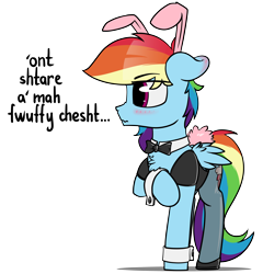 Size: 4600x4800 | Tagged: safe, artist:dacaoo, derpibooru import, rainbow dash, pegasus, pony, blushing, bowtie, bunny ears, bunny suit, bunny tail, chest fluff, clothes, cuffs (clothes), cute, ear blush, ears, eyebrows visible through hair, floppy ears, folded wings, leotard, lisp, looking away, nose wrinkle, one hoof raised, pantyhose, simple background, transparent background, wavy mouth, wings