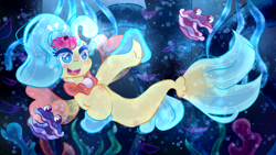 Size: 1280x720 | Tagged: safe, artist:cometsparke, derpibooru import, princess skystar, seapony (g4), my little pony: the movie, bioluminescent, blue eyes, blushing, dorsal fin, female, fins, fish tail, flower, flower in hair, freckles, jewelry, necklace, open mouth, pearl necklace, seaquestria, seashell, seaweed, shelldon, shelly, smiling, solo, swimming, tail, underwater, water