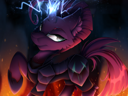 Size: 2224x1668 | Tagged: safe, artist:mychelle, derpibooru import, tempest shadow, pony, unicorn, armor, broken horn, chest fluff, ear fluff, ears, fire, horn, magic, solo, storm king's emblem