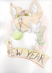 Size: 800x1139 | Tagged: safe, artist:cindertale, derpibooru import, oc, oc only, oc:cinder, deer, bauble, bow, bust, chest fluff, cute, deer oc, ear fluff, ears, happy new year, holiday, male, mouth hold, solo, traditional art