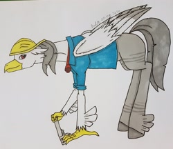 Size: 3161x2734 | Tagged: safe, artist:agdapl, derpibooru import, classical hippogriff, hippogriff, clothes, crossover, engineer, helmet, male, signature, simple background, solo, species swap, traditional art, white background