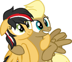 Size: 401x347 | Tagged: safe, artist:pegasski, derpibooru import, oc, oc only, pegasus, pony, hurricane fluttershy, base used, duo, eyelashes, female, grin, mare, pegasus oc, side hug, simple background, smiling, transparent background, wings