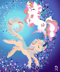 Size: 1920x2304 | Tagged: safe, artist:dawn-designs-art, derpibooru import, oc, oc:pink pepper, oc:quicksilver pique, kirin, pony, unicorn, abstract, abstract art, abstract background, commission, commissions open, female, floating, male, mare, modern art, stallion