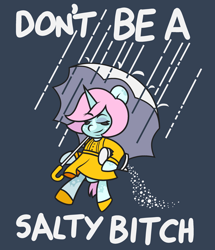 Size: 2600x3030 | Tagged: safe, artist:threetwotwo32232, derpibooru import, oc, oc only, oc:scoops, pony, unicorn, boots, clothes, dress, eyes closed, food, meme, ponified, ponified meme, rain, salt, shoes, skirt, smiling, solo, umbrella, vulgar