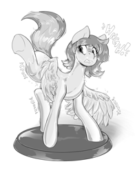 Size: 2550x3248 | Tagged: safe, artist:helixjack, derpibooru import, oc, oc only, original species, pegasus, pony, bondage, encasement, explicit source, female, grayscale, in progress, inanimate tf, latex, latex pony, living latex, living statue, looking at you, mare, monochrome, onomatopoeia, raised hindleg, raised leg, shiny, simple background, solo, sound effects, spread wings, transformation, underhoof, white background, worried