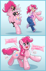 Size: 3300x5050 | Tagged: safe, artist:helixjack, derpibooru import, pinkie pie, earth pony, human, pony, bondage, doll, dollified, encasement, gradient background, inanimate tf, latex, living latex, merging, ponysuit, rubber, transformation, transformation sequence