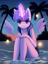 Size: 1400x1842 | Tagged: safe, artist:mrscroup, derpibooru import, twilight sparkle, twilight sparkle (alicorn), alicorn, anthro, beach, clothes, evening, female, floating wings, glowing horn, horn, mare, ocean, one-piece swimsuit, outdoors, palm tree, school swimsuit, sitting, solo, sunset, swimsuit, tree, wings