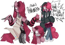 Size: 1324x917 | Tagged: safe, artist:brlckson, derpibooru import, pinkie pie, anthro, earth pony, pony, apron, arm warmers, belt, clothes, cupcake, ear piercing, earring, fishnet stockings, food, hoodie, jewelry, knife, piercing, pinkamena diane pie, sharp teeth, simple background, skirt, teeth, text