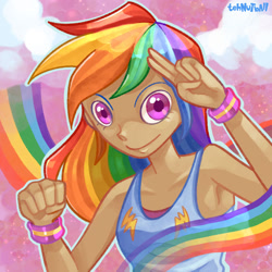 Size: 1280x1280 | Tagged: safe, artist:tehnutball, derpibooru import, rainbow dash, human, armpits, clothes, female, fist, humanized, rainbow, salute, solo, tanktop, wristband