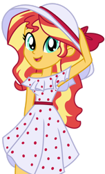 Size: 1024x1687 | Tagged: safe, artist:carnifex, artist:emeraldblast63, derpibooru import, sunset shimmer, equestria girls, clothes, dress, hat, looking at you, show accurate, simple background, smiling, solo, transparent background