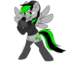 Size: 1670x1485 | Tagged: safe, artist:eowyn, derpibooru import, oc, oc only, oc:nighty, pegasus, pony, beanie, bipedal, clothes, friday night funkin', green and black mane, green and black tail, green eyes, hat, hoodie, male, microphone, open mouth, pegasus oc, simple background, singing, smiling, socks, solo, spread wings, transparent background, veil, wings