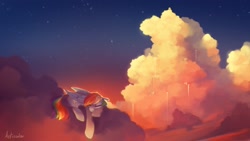 Size: 2560x1440 | Tagged: safe, artist:anticular, derpibooru import, rainbow dash, pegasus, pony, cloud, cloudscape, eyes closed, on a cloud, scenery, sky, sleeping, sleeping on a cloud, solo, sunset