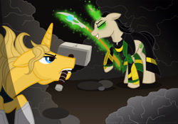 Size: 2927x2049 | Tagged: safe, artist:frisullka1, derpibooru import, pony, unicorn, avengers, ears, evil grin, fight, floppy ears, glowing eyes, green eyes, grin, hammer, loki, mind stone, ponified, scepter, smiling, thor